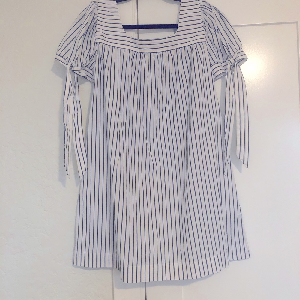 Frame Denim Puff Sleeve Blue Striped Cotton Dress